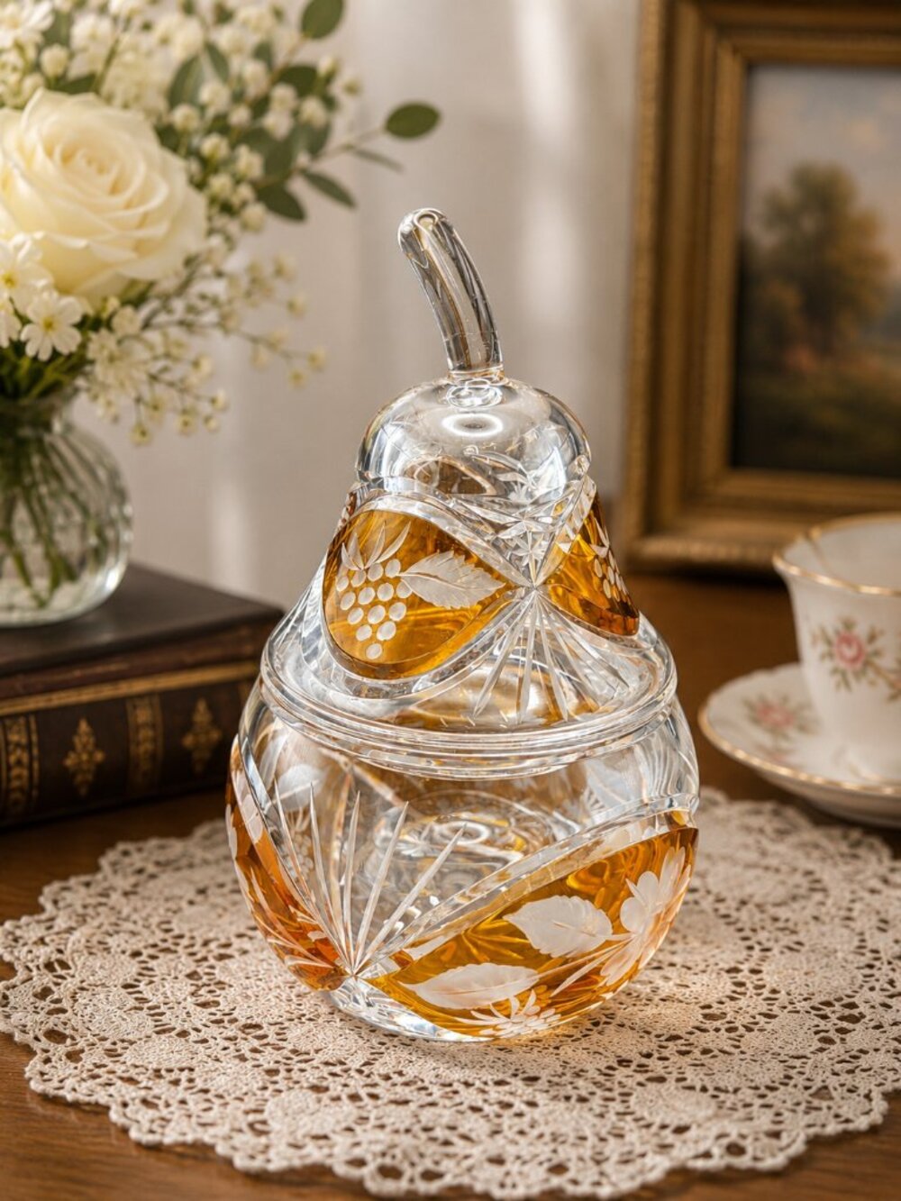 Vintage Julia Poland Amber Lead Crystal Pear Candy Jar Covered Dish 8"